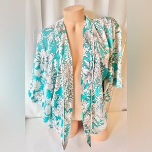 Forever 21 Turquoise and White Floral Casual Kimono Top Cover Up Blouse Size L